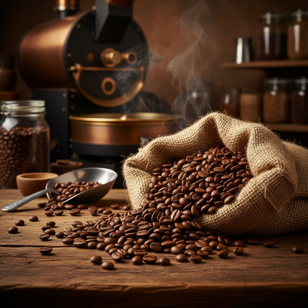 Roasted coffee beans in burlap sack